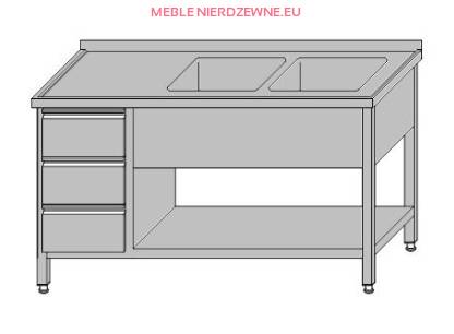 Stół z dwoma zlewami otwarty z półką i szufladami dla GN 1/1 o głębokości 600 mm