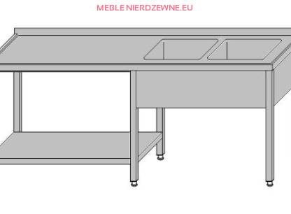 Stół z dwoma zlewami i półką pod częścią roboczą