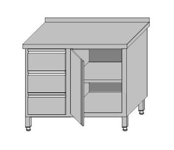 Stół roboczy przyścienny zabudowany z szafką z drzwiami otwieranymi i 3-szufladami dla pojemników GN 1/1 900x700x850