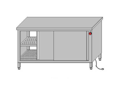 Stół roboczy przelotowy z szafką grzewczą zabudowany drzwiami przesuwnymi 1500x600x850