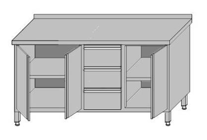 Stół roboczy przyścienny zabudowany z dwoma szafkami z drzwiami otwieranymi i 3-szufladami dla pojemników GN 1/1 1800x600x850
