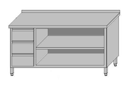 Stół roboczy przyścienny z 3-szufladami dla pojemników GN 1/1 i szafką otwartą z półką 1500x700x850