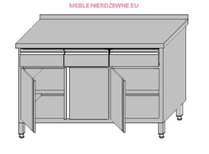 Stół roboczy przyścienny zabudowany z 3-szufladami pod blatem i szafką zabudowaną drzwiami otwieranymi 1600x700x850