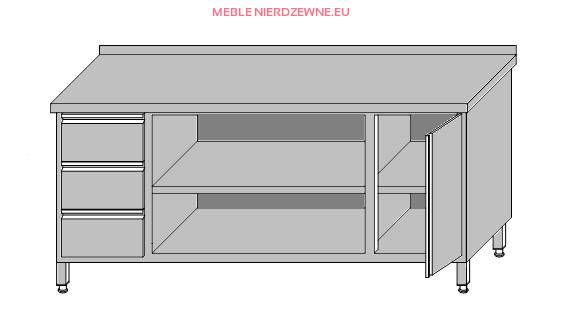 Stół roboczy przyścienny z szafką z drzwiami otwieranymi, 3-szufladami dla pojemników GN 1/1 i szafką otwartą 1800x600x850