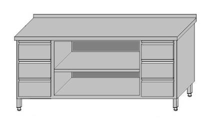 Stół roboczy przyścienny z 2-blokami 3-szuflad dla pojemników GN 1/1 i szafką otwartą 1500x600x850