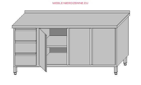 Stół roboczy przyścienny zabudowany z szafką z drzwiami otwieranymi i 3-szufladami dla pojemników GN 1/1 1800x700x850