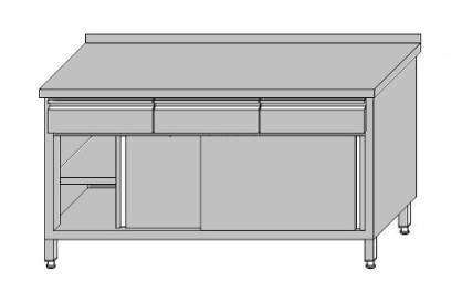 Stół roboczy przyścienny zabudowany z 3-szufladami pod blatem i szafką zabudowaną drzwiami przesuwnymi 1600x700x850