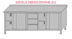 Stół roboczy przyścienny zabudowany z dwoma szafkami z drzwiami przesuwnymi i 3-szufladami dla pojemników GN 1/1 2600x700x850