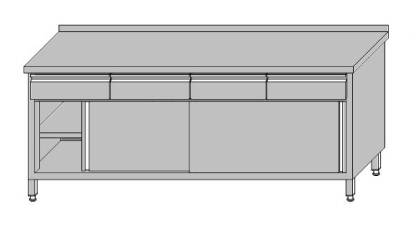 Stół roboczy przyścienny zabudowany z 4-szufladami pod blatem i szafką zabudowaną drzwiami przesuwnymi 1800x600x850