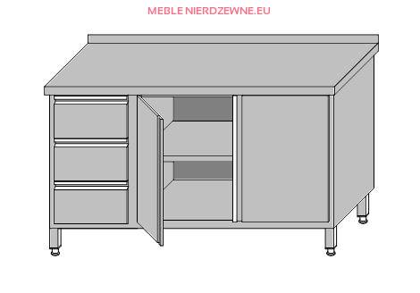 Stół roboczy przyścienny zabudowany z szafką z drzwiami otwieranymi i 3-szufladami dla pojemników GN 1/1 1400x600x850