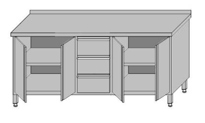 Stół roboczy przyścienny zabudowany z dwoma szafkami z drzwiami otwieranymi i 3-szufladami dla pojemników GN 1/1 2100x700x850