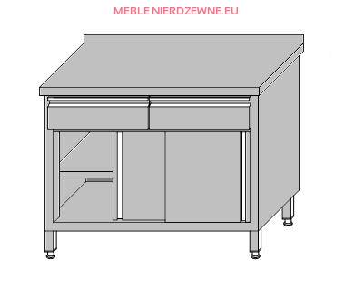 Stół roboczy przyścienny zabudowany z 2-szufladami pod blatem i szafką zabudowaną drzwiami przesuwnymi 1200x700x850