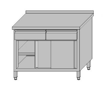Stół roboczy przyścienny zabudowany z 2-szufladami pod blatem i szafką zabudowaną drzwiami przesuwnymi 1200x700x850