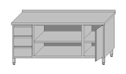 Stół roboczy przyścienny z szafką z drzwiami otwieranymi, 3-szufladami dla pojemników GN 1/1 i szafką otwartą 2200x700x850