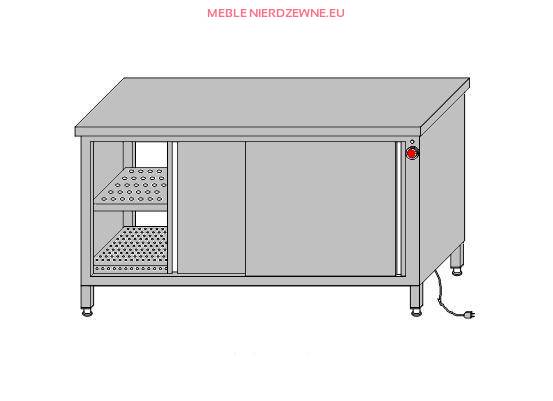 Stół roboczy przelotowy z szafką grzewczą zabudowany drzwiami przesuwnymi 1600x600x850
