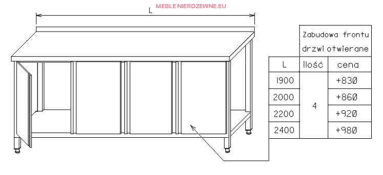 Zabudowa frontu stołu drzwiami otwieranymi - szerokość stołu 2400 mm
