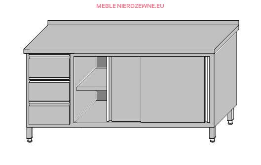 Stół roboczy przyścienny zabudowany z szafką z drzwiami przesuwnymi i 3-szufladami dla pojemników GN 1/1 1600x700x850