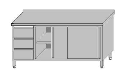 Stół roboczy przyścienny zabudowany z szafką z drzwiami przesuwnymi i 3-szufladami dla pojemników GN 1/1 1900x600x850