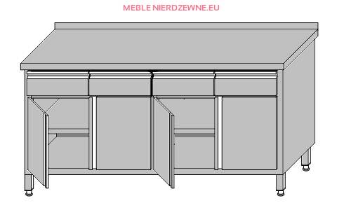 Stół roboczy przyścienny zabudowany z 4-szufladami pod blatem i szafką zabudowaną drzwiami otwieranymi 1800x700x850