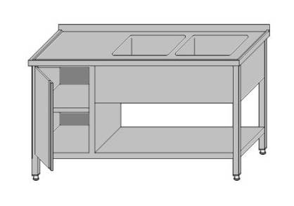 Stół roboczy z dwoma zlewami, szafką zamykaną drzwiami i półką 2200x600x850