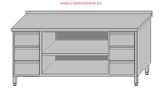 Stół roboczy przyścienny z 2-blokami 3-szuflad dla pojemników GN 1/1 i szafką otwartą 2000x600x850