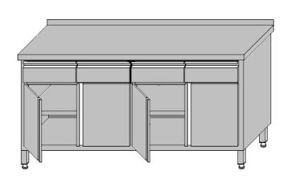 Stół roboczy przyścienny zabudowany z 4-szufladami pod blatem i szafką zabudowaną drzwiami otwieranymi 2000x600x850