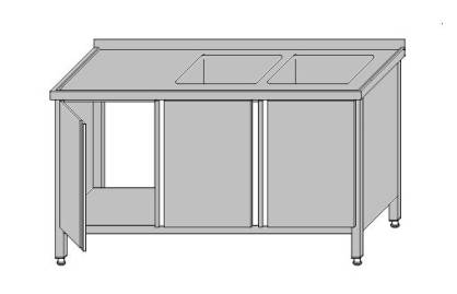 Stół roboczy z dwoma zlewami zabudowany drzwiami otwieranymi 1400x600x850