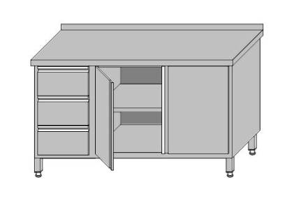 Stół roboczy przyścienny zabudowany z szafką z drzwiami otwieranymi i 3-szufladami dla pojemników GN 1/1 1400x700x850