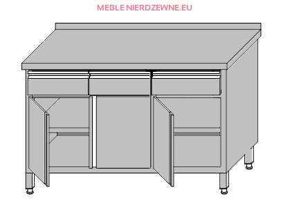 Stół roboczy przyścienny zabudowany z 3-szufladami pod blatem i szafką zabudowaną drzwiami otwieranymi 1400x600x850