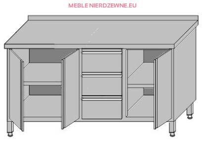 Stół roboczy przyścienny zabudowany z dwoma szafkami z drzwiami otwieranymi i 3-szufladami dla pojemników GN 1/1 2000x600x850