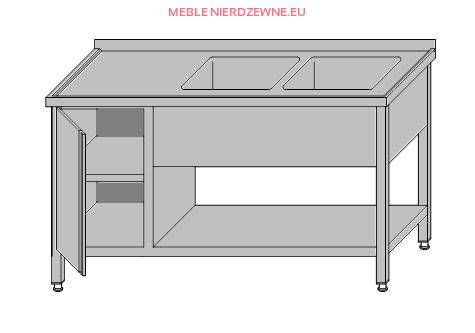 Stół roboczy z dwoma zlewami, szafką zamykaną drzwiami i półką 1400x700x850