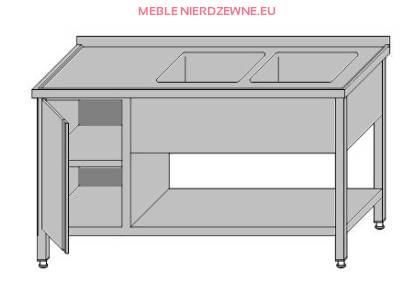 Stół z dwoma zlewami, szafką zamykaną drzwiami i półką