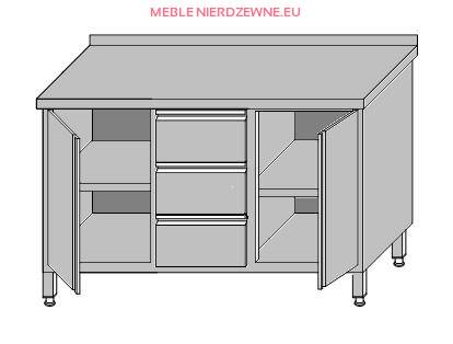 Stół roboczy przyścienny zabudowany z dwoma szafkami z drzwiami otwieranymi i 3-szufladami dla pojemników GN 1/1 1300x700x850