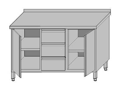 Stół roboczy przyścienny zabudowany z dwoma szafkami z drzwiami otwieranymi i 3-szufladami dla pojemników GN 1/1 1300x700x850