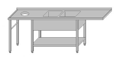 Stół z dwoma zlewami, otworem na odpady, miejscem na zmywarkę i półką 2600x600x850