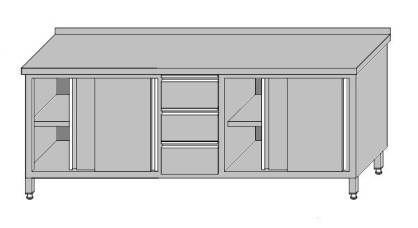 Stół roboczy przyścienny zabudowany z dwoma szafkami z drzwiami przesuwnymi i 3-szufladami dla pojemników GN 1/1 2200x700x850