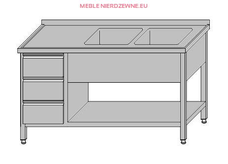 Stół roboczy z dwoma zlewami otwarty z półką i szufladami dla GN 1/1 1600x700x850