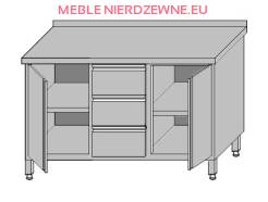 Stół roboczy przyścienny zabudowany z dwoma szafkami z drzwiami otwieranymi i 3-szufladami dla pojemników GN 1/1 1500x600x850