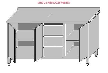 Stół roboczy przyścienny zabudowany z dwoma szafkami z drzwiami otwieranymi i 3-szufladami dla pojemników GN 1/1 2000x700x850